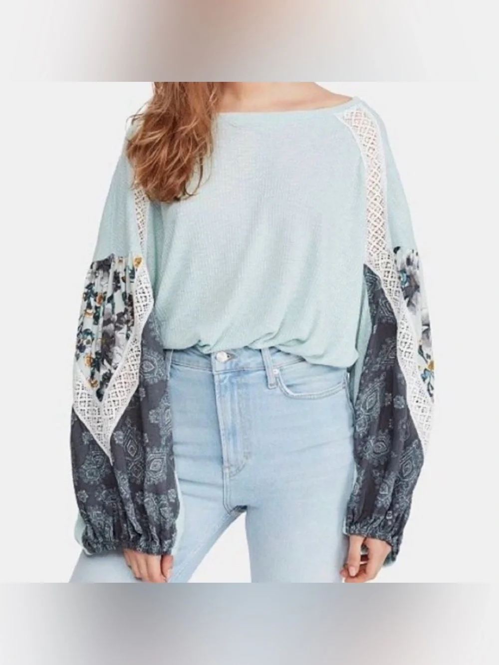 Free People Casual Clash Floral Patchwork Crochet Balloon Sleeve Thermal Top